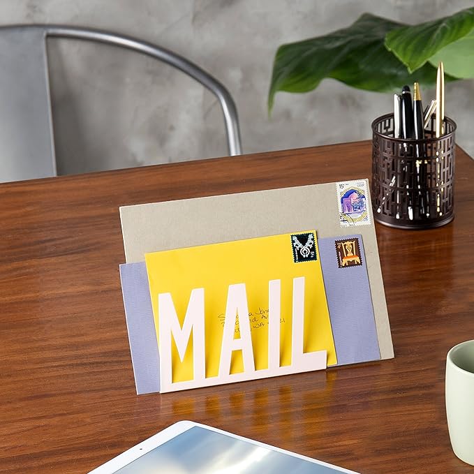 MyGift Mail Holder Organizer Countertop Modern Metal White with Cutout MAIL Lettering Design, Office Desktop Envelope and Document Storage Rack