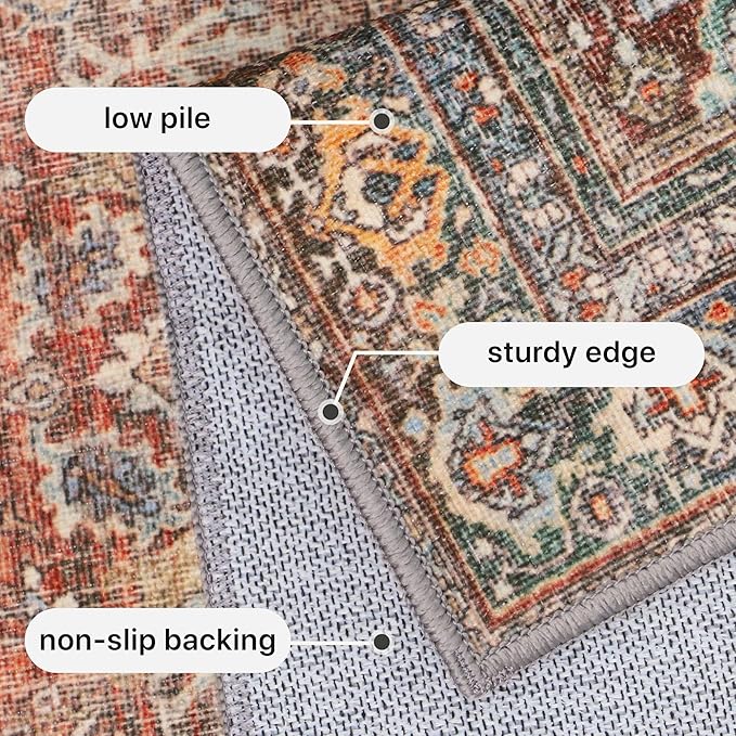 GENIMO 6x9 Area Rugs for Living Room, Machine Washable Non Slip Vintage Rugs, Low Pile Lightweight Chenille Print Rug for Bedroom, Dining Room, Home Office, Terracotta Indigo