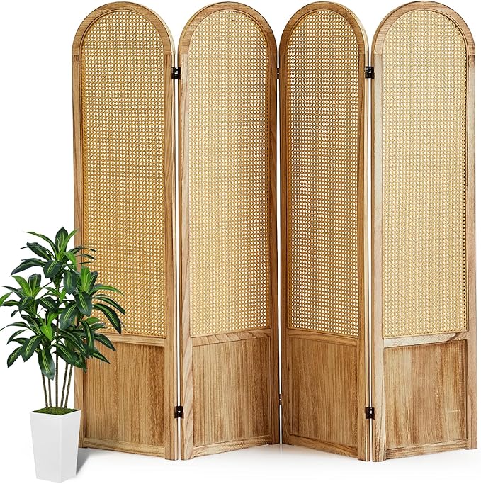 Asnefeli Room Divider 4 Panel, Folding Privacy Screen, Foldable Wood Divider Room Dec, Rattan Room Divider, Portable Partition Screen, Wall Divider for Room Separation Bedroom Home Office (Natural)