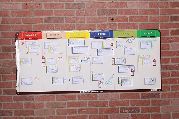 PMXBOARD 6 Column Magnetic Kanban Board, Scrum Board Flex Whiteboard Kit. Agile Kit, 106 Magnetic Kanban Card Kit, Scrum Card Set. Project Management Board for Project Planning, Scrum Whiteboard Kit