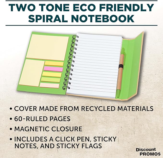 DISCOUNT PROMOS Eco Friendly Spiral Notebooks with Pens Set of 10, Bulk Pack - Perfect for School, Office, Home - Green