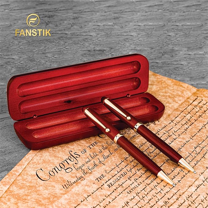 FANSTIK Customized Cherrywood Double Ballpoint Pen Set with Name (MADE IN USA), with Wooden Gift Box, Personalized Gift for Men and Women (BallPoint CherryWood Set)