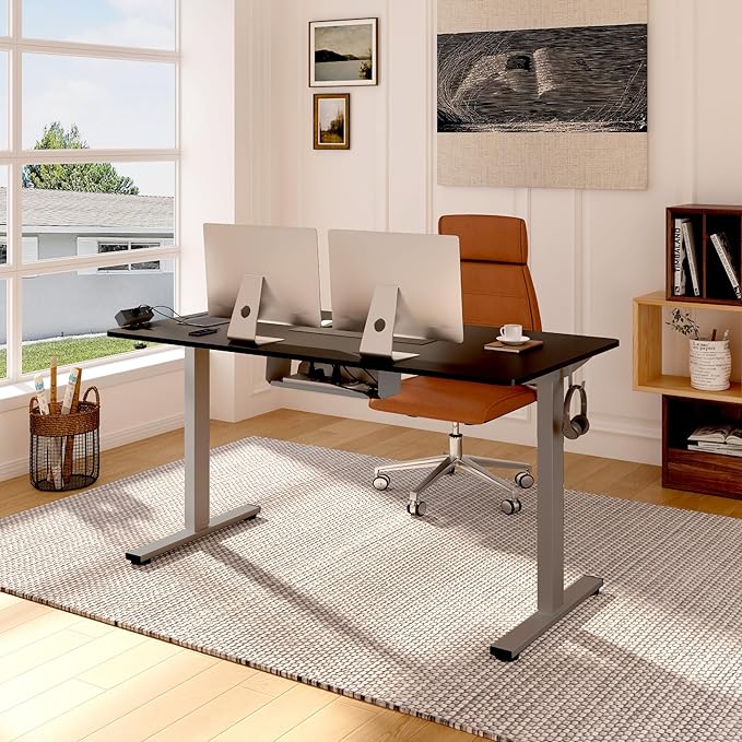 FLEXISPOT EN2 Whole-Piece Standing Desk with Clamp Power Strip, 48 x 24'' Electric Stand Up Height Adjustable Desk with Cable Management (Gray Frame + 48" Black Desktop, 2 Packages)
