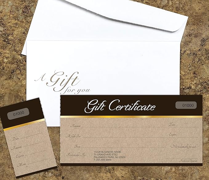IMPACTONLINEPRINTING Custom Gift Certificates Cards with Envelopes 100 set - Sephia on kraft backgound image - Gift Certificates for Small Business