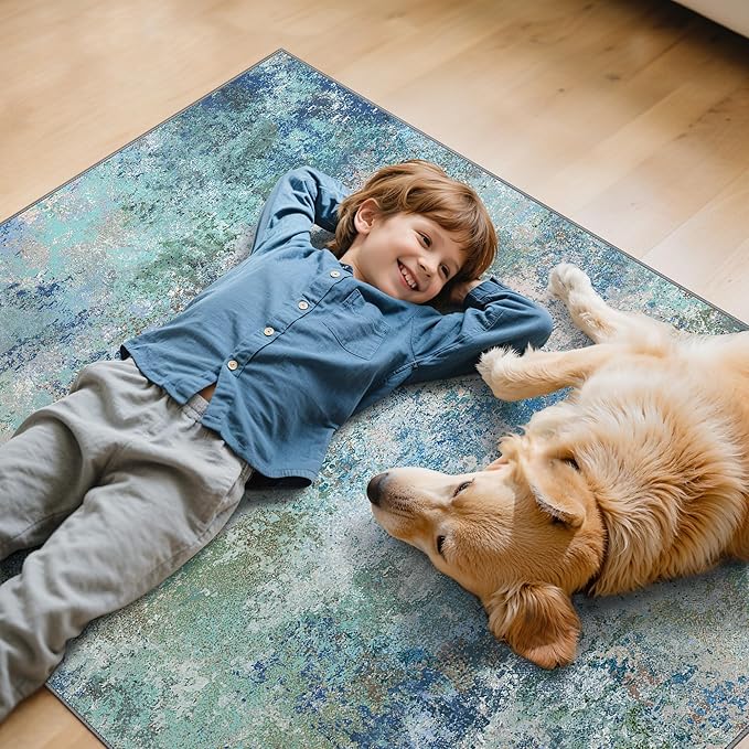 Office Chair Mat for Hardwood Tile Floor, Abstract 36"X 48" Desk Mats for Office Chair on Rolling Chairs Carpet, Desk Anti-Slip 1/5" Thick Rug for Computer Chair, Thin Low-Pile Floor Mat, Blue Green