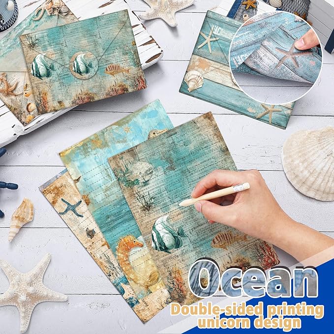 TaoBary 160 Pcs Stationery Paper Set 50 Double Sided Stationery Papers with 50 Matching Envelopes and 60 Round Dot Sticker, 10 Design (Ocean,5.5 x 8.25 Inch)