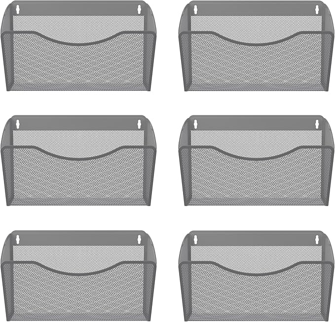 EasyPAG 6 Single Pocket Wall File Organizer, Mesh Hanging File Folder Organizer for Letter/A4 Size Folders, Wall Mounted Vertical Mail Holder for Paperwork, Office, Home, School, Silver