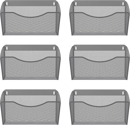 EasyPAG 6 Single Pocket Wall File Organizer, Mesh Hanging File Folder Organizer for Letter/A4 Size Folders, Wall Mounted Vertical Mail Holder for Paperwork, Office, Home, School, Silver