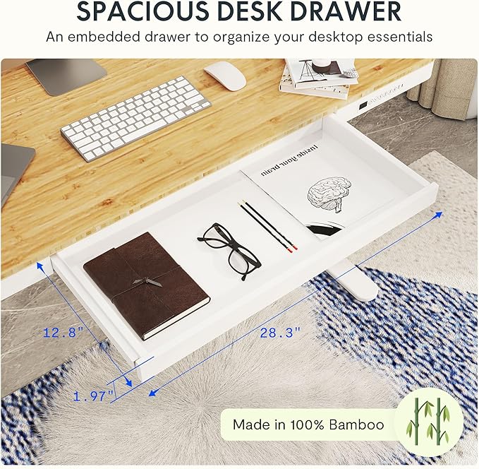 SANODESK Standing Desk with Drawer,Dual Motor 3 Stage Electric Height Adjustable Home Office Desk with Storage & Wireless Charging, 55 inch Bamboo Tabletop/White Frame