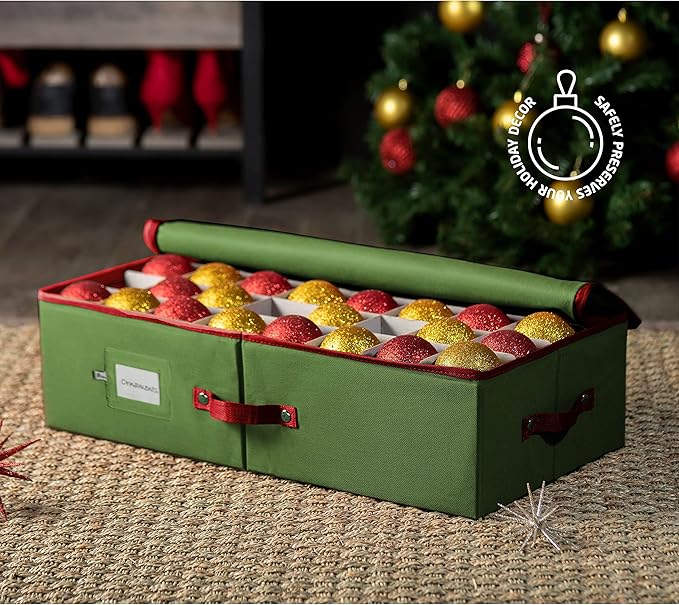 ZOBER Underbed Christmas Ornament Storage Box - Stores 64 3" Ornaments, With Dividers - Tear Proof 600D Oxford Fabric, Ornament Organizer Storage Box, Durable Christmas Containers Holder - Green