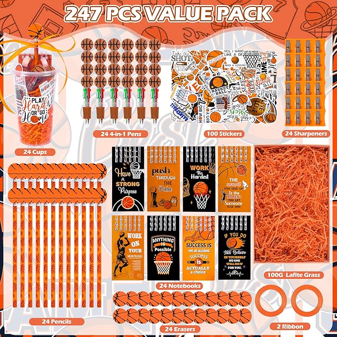 LiYiQ 247 Pcs Basketball Party Supplies Return Gifts for Party, Student Stationery Gifts from Teacher Rewards Prizes, Pencil Erasers Notebooks Stickers for Basketball Classroom Birthday