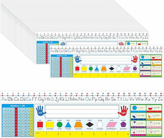 36 PCS Desk Nameplates, Double Sided PET Film Desk Name Tags with Alphabet, Numbers, Fractions, Shapes, Colors and Ruler Erasable & Reusable Traditional Manuscript Name Plate for Classroom (14” x 4”)