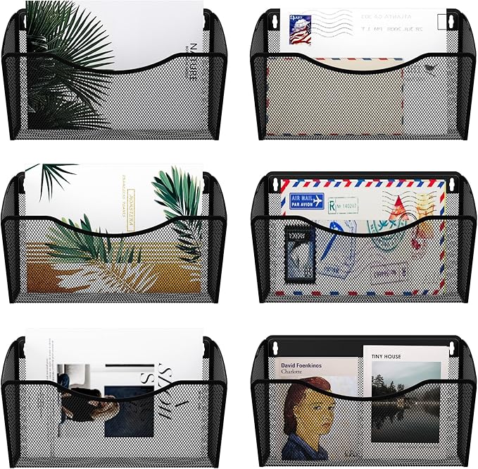 EasyPAG 6 Single Pocket Wall File Organizer, Mesh Hanging File Folder Organizer for Letter/A4 Size Folders, Wall Mounted Vertical Mail Holder for Paperwork, Office, Home, School, Black