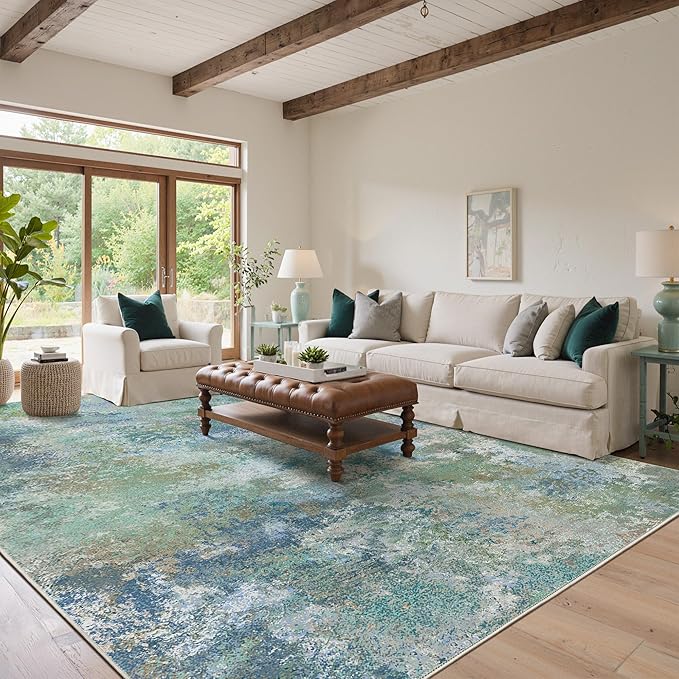 GENIMO Washable Rugs 8x10 Area Rugs for Living Room Bedroom, Modern Lightweight Rug Ultra Soft Indoor Area Rugs 8x10 for Dining Room, Low Pile Carpet with Non Slip Backing, Blue Green