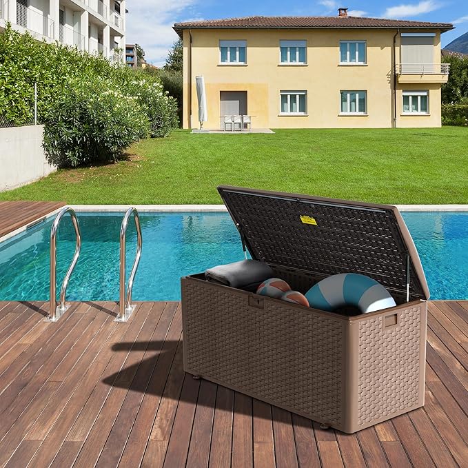 PATIOEASY 180GAL Deck Box -Grey,Wheeled Footlocker,Waterproof Resin Storage Bin for Patio Cushions
