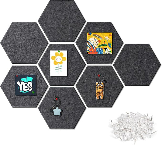 12'' Large Hexagon Cork-Bulletin Boards for Walls, Self-Adhesive Modern Corkboard, Frameless Felt Pinboard, Prayer-Vision Pin Board for Office, Pack of 8 Hex Cork Tiles with 30 Pushpins