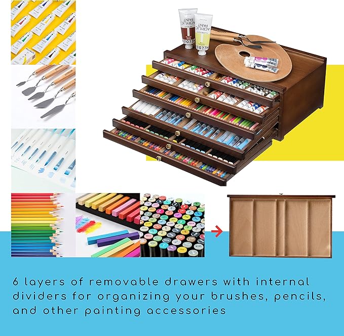 MEEDEN 6-Drawer Art Supply Storage Box - Large Capacity Multi-Function Beech-Wood Pencil Box with Drawer & Compartments for Organizing Pastels, Pencils, Pens, Markers, Brushes & Stamp, Walnut