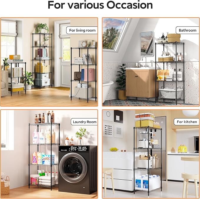M MZG 4 Tiers Shelf Metal Storage Shelves Wire Rack Closet Organizers with Wheel for Garage Kitchen Bathroom Laundry Black 11.8" D x 17.7" W x 41.9" H