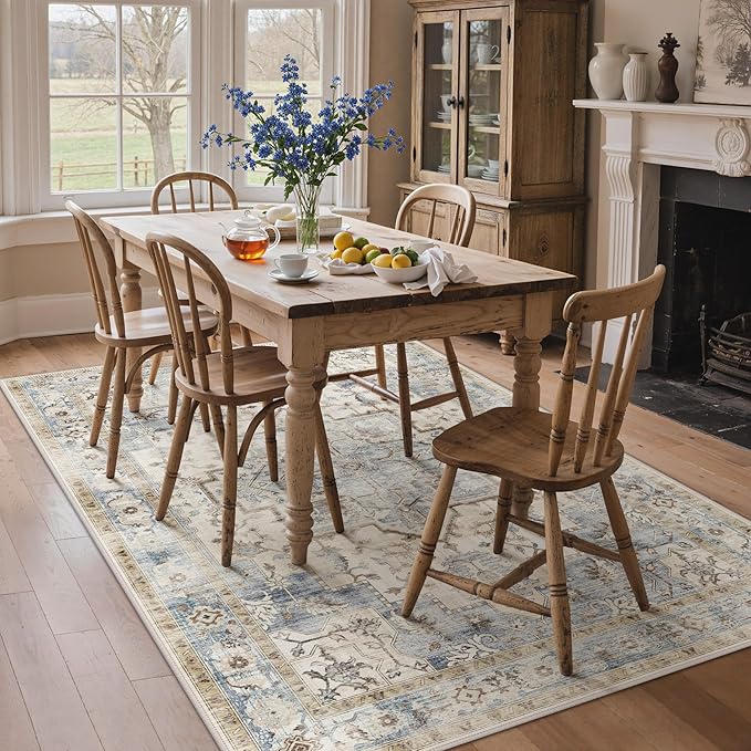 GENIMO 8x10 Area Rugs for Living Room, Machine Washable Rug, Non Slip Indoor Vintage Rug, Low Pile Lightweight Chenille Print Carpet for Bedroom Dining Room Home Office, Mint Sage