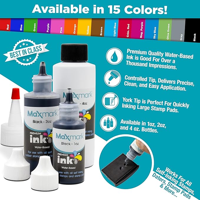 MaxMark Premium Refill Ink with Control Tip Bottle for Self-Inking Stamps, Orange Color - 2 oz.