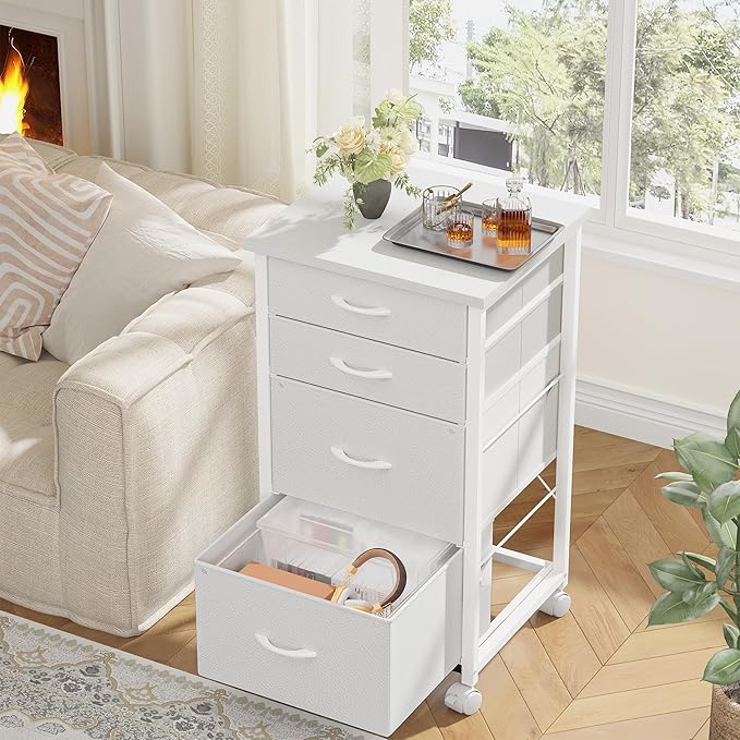 4 Drawers Mobile File Cabinet Vertical Filing Cabinet with Fabric Drawer Fits A4/Letter Size Printer Stand for Home Office，White