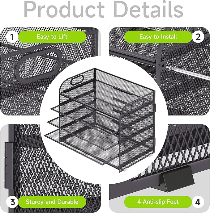 Cawukege 5 Tier Paper Organizer with Handle, Metal Mesh Desk Organizer File Folder Paper Letter Tray Desktop Document Sorter for Classroom, School, Office Accessories Organization and Storage - Grey