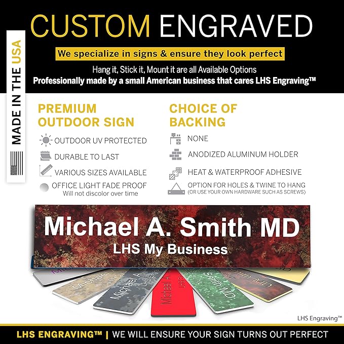 Personalized Name Plate with Choice of Mounting for Walls, Doors, Desk Holders, Cubicles, Hanging and More - Custom Gloss Rustico Granite Plastic White Letters - USA Made 2x8 - S2