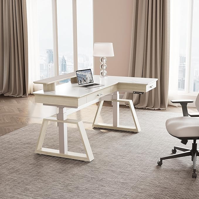 EUREKA ERGONOMIC Electric Standing Desk with Dual Drawers,63 Inches Height Adjustable L-Shaped Office Desk,Sit Stand Desk Ergonomic Executive Desk Computer Workstations with Monitor Stand,Right/White