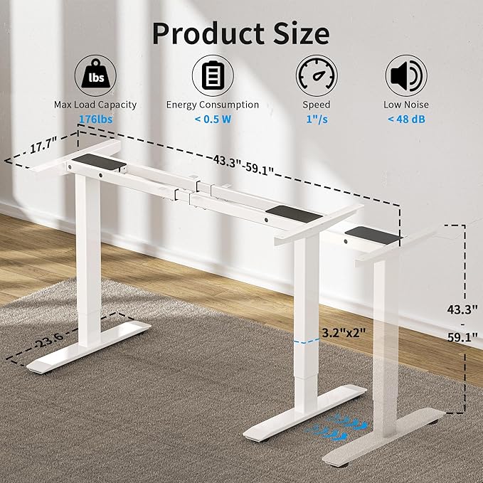 BIZUM Dual Motor Electric Standing Desk Frame with Memory Controller, Computer Memory Desk Adjustable Table Legs Up to 47.2" for Home Office, Glossy White