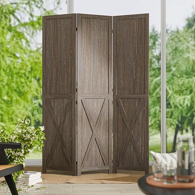 Cozy Castle Wood Room Divider, 3 Panels Folding Privacy Screen, 66.9'' Wall Divider, Barnwood Room Separator, Freestanding Partition, Temporary Wall for Decorative, Rustic Brown