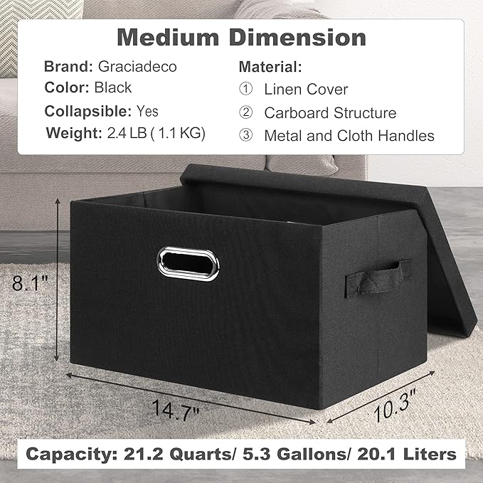 Graciadeco Medium 15" 21 Quart Collapsible Stackable Storage Bins with Lids, 1 Pack Black Foldable Fabric Closet Storage Boxes with Lids, 4 Handles Heavy-duty Linen Cube Baskets for Bedroom