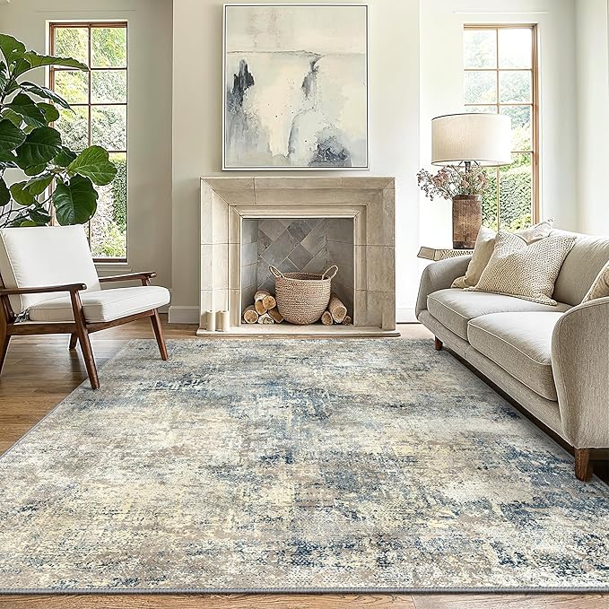 GENIMO Washable Area Rugs for Living Room, 10x12 Modern Non Slip Rugs, Low Pile Lightweight Soft Print Rug for Bedroom, Dining Room, Home Office, Blue Grey Beige