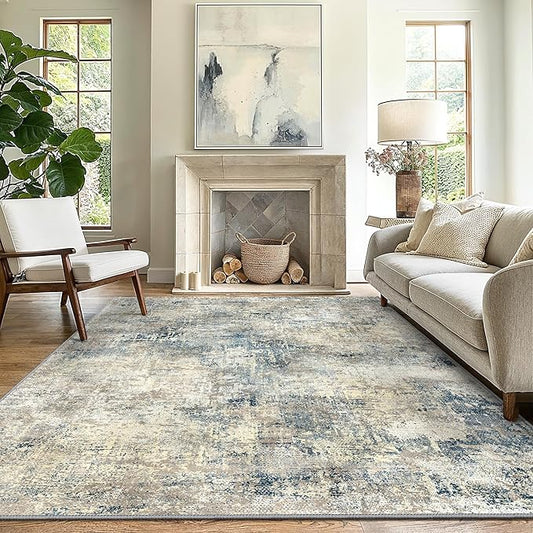 GENIMO Washable Area Rugs for Living Room, 10x14 Modern Non Slip Rugs, Low Pile Lightweight Soft Print Rug for Bedroom, Dining Room, Home Office, Blue Grey Beige