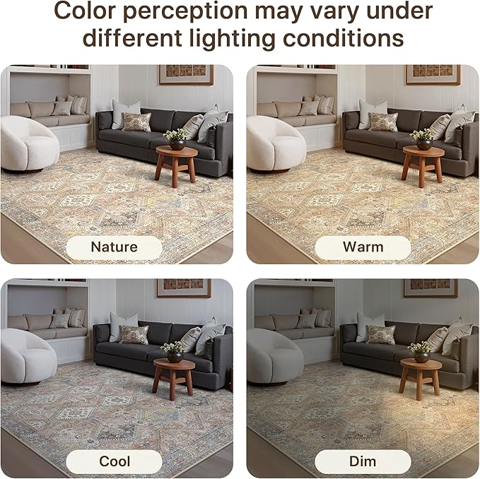 GENIMO 3x5 Area Rugs for Living Room, Machine Washable Non Slip Vintage Rugs, Low Pile Lightweight Print Rug for Bedroom, Dining Room, Home Office, Warm Brown