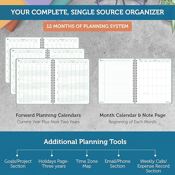 Planner Pad Spiral Bound January-December 2026/ Calendar Year 8 1/2" x 11" Large 3-Tier Funnel Down 12 Month Organizer, Greenish Grey Cover/Soft Green Ink