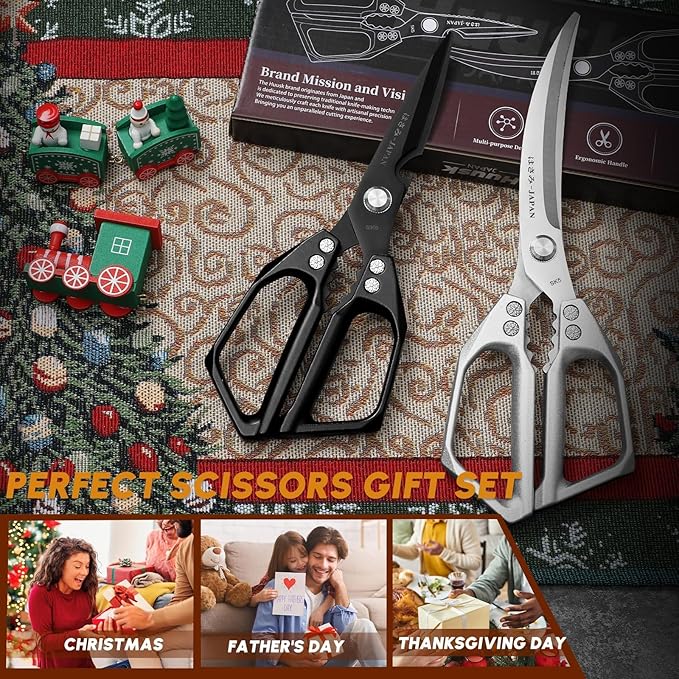 HUUSK Kitchen Scissors Set - Stainless Steel Kitchen Shear, Sharp Meat Scissors Dishwasher Safe, Heavy Duty Poultry Shears, Japanese Cooking Scissor for Food, Chicken Bones, Christmas Gift for Men