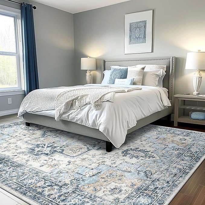 GENIMO 8x10 Area Rugs for Living Room, Machine Washable Non Slip Vintage Rugs, Low Pile Lightweigt Chenille Print Indoor Rug for Bedroom, Dining Room, Home Office, Blue