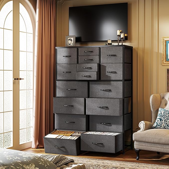 Romorgniz 57“H Dresser for Bedroom with Drawers,Fabric Dressers & Chests of Drawers for Bedroom,Large Dresser, Sturdy Metal Frame & Wood Top,Entryway, Hallway(Grey)