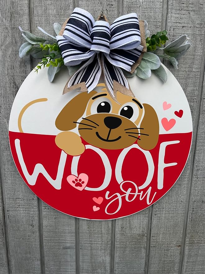 Wood front door sign Wood sign Home decor Welcome sign Sign for front door House warming gift Wedding gift (Woof-UV015(NC) P002, 15" Width)