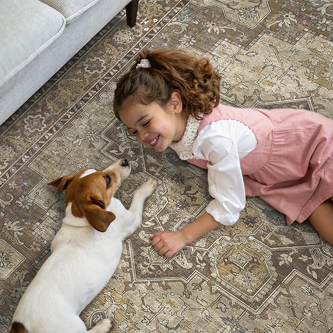 GENIMO 3x7 Runner Rugs for Hallway, Machine Washable Non Slip Vintage Rugs, Low Pile Lightweight Soft Print Rug for enrtyway, Corridor, Home Office, Kitchen, Rustic Brown