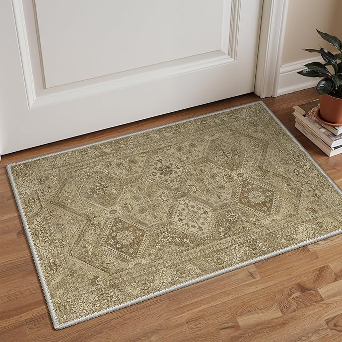GENIMO Area Rug 2x3 Doormat, Machine Washable Low Pile Rugs, Small Retro Entryway Mat for Entrance, Hallway, Kitchen and Corridor, Tan Brown