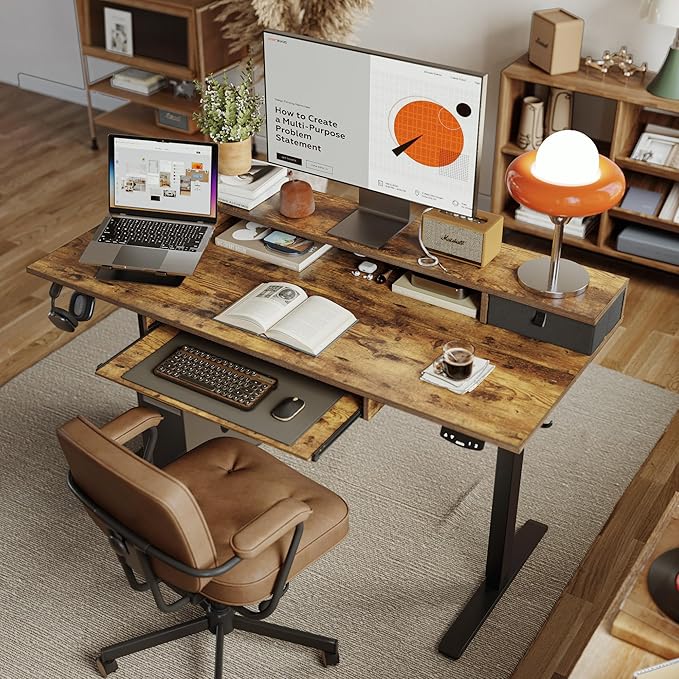 Agilestic Electric Standing Desk with 2 Drawers and Keyboard Tray, 55 x 24 Inches Ergonomic Adjustable Height Desk with Storage, Sit Stand up Computer Workstation, Rustic Brown