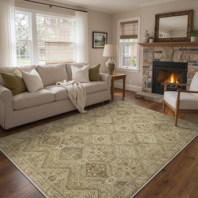 GENIMO 9x12 Area Rugs for Living Room, Machine Washable Non Slip Vintage Rugs, Low Pile Lightweight Print Rug for Bedroom, Dining Room, Home Office, Tan Brown