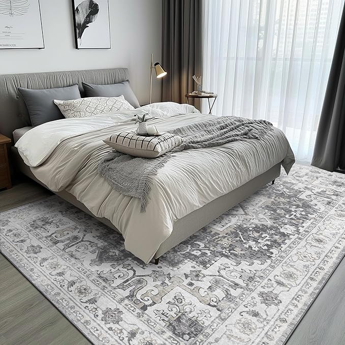 GENIMO 8x10 Area Rugs for Living Room, Machine Washable Vintage Non Slip Rugs, Low Pile Lightweight Chenille Print Rug for Bedroom, Dining Room, Home Office, Gray/White