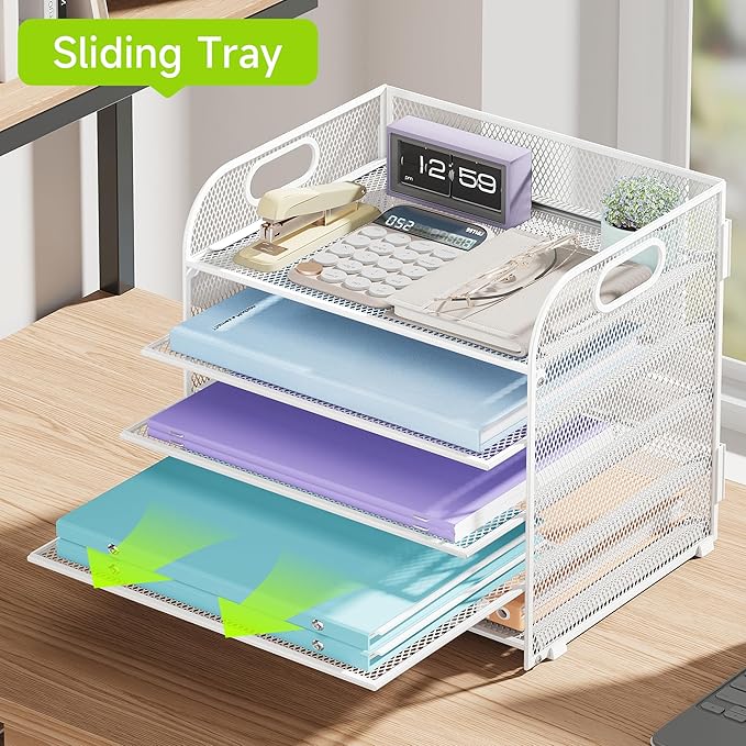 Cawukege 5 Tier Paper Organizer with Handle, Metal Mesh Desk Organizer File Folder Paper Letter Tray Desktop Document Sorter for Classroom, School, Office Accessories Organization and Storage - White