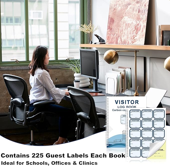 2 Pack of Visitor Badges Log with Carbon Copy Protecting Privacy Pages Visitor Stickers 8.5x11 Inch Visitor Log Book School Church Business Pass Guest Register Book - 450 Badges 60 Memo Pages (2)