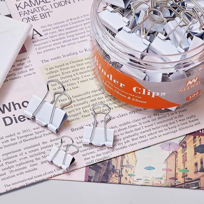 NEEWAY Binder Clips Assorted Sizes, White Binder Clips Set for Office and Home Use - Pack of 100