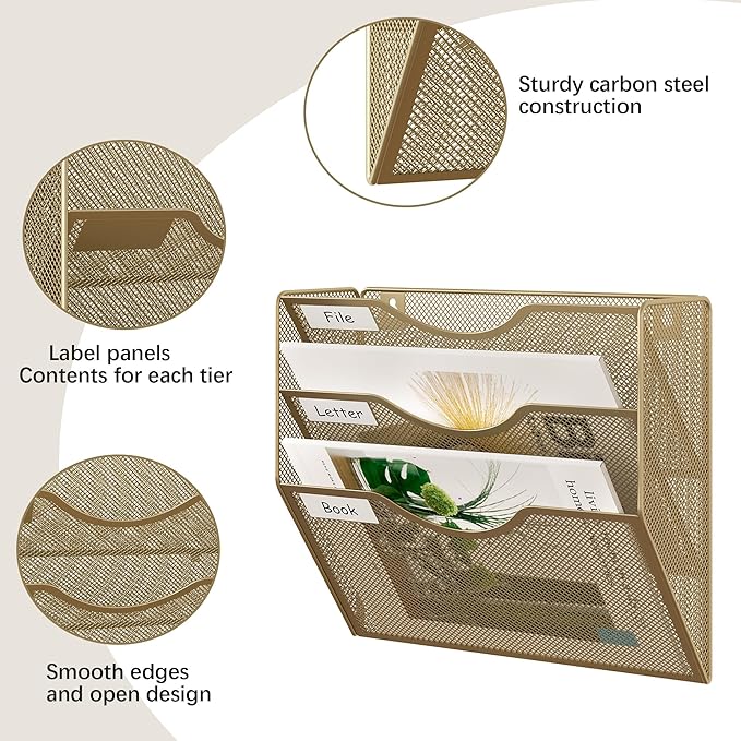 EasyPAG 3 Pocket Mesh Wall File Organizer, Hanging Paper Folder Holder with Classify Label, Vertical Wall Mount Mail Organizer for Office Home Classroom, Gold