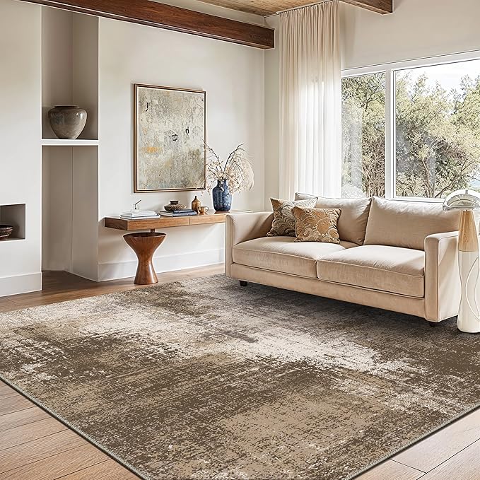 GENIMO Washable Area Rugs for Living Room, 8x10 Vintage Non Slip Rugs, Low Pile Lightweight Soft Print Rug for Bedroom, Dining Room, Home Office, Faded Brown