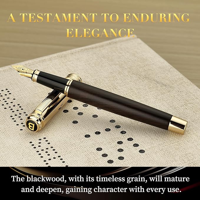BEILUNER 316 Fountain Pen,Stunning Luxury Blackwood,24K Gilded Nib(Fine),Gorgeous 24K Gold Finish, Ink Converter,Fancy Gift for Men&Women-Elegant,Executive,Graduation Pens for Writing, BK-F